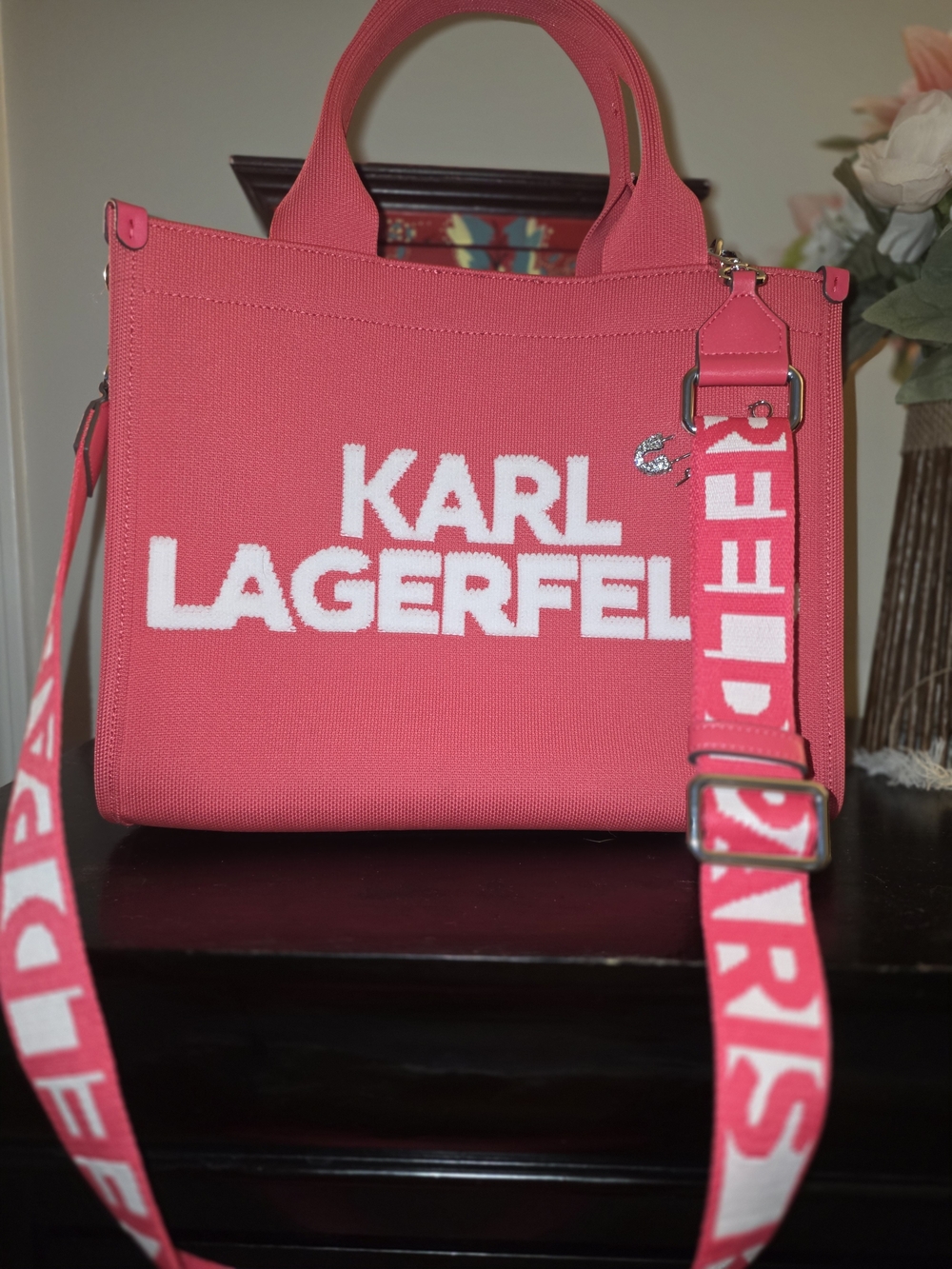 Karl Lagerfeld Hot Pink Canvas Logo Tote with Detachable Strap